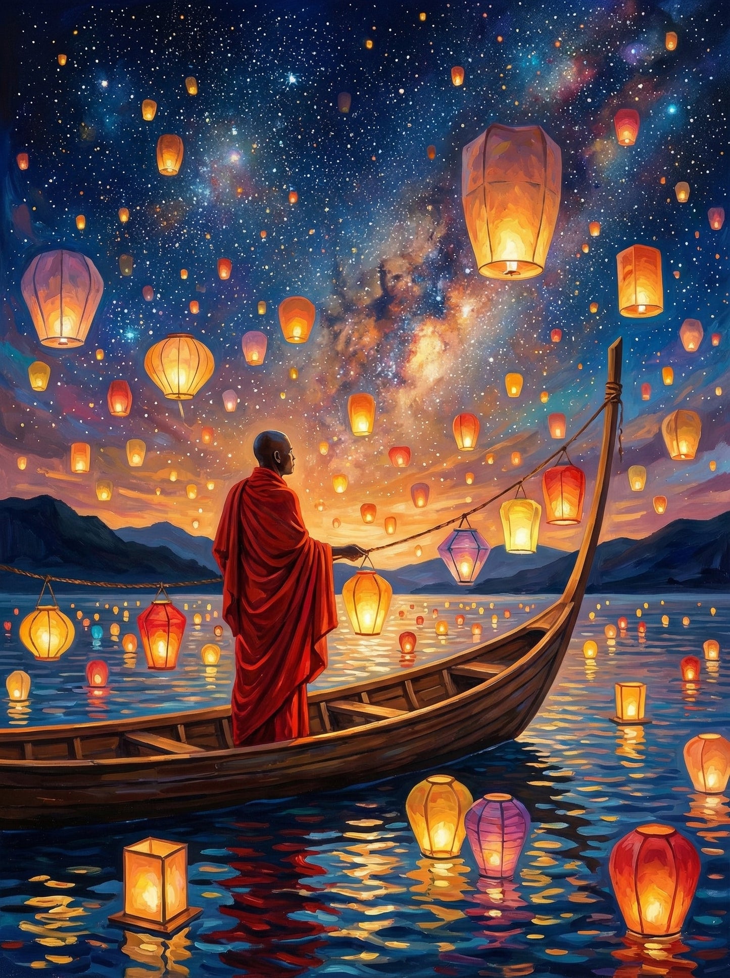 Monk With Floating Lanterns (80 Colors)