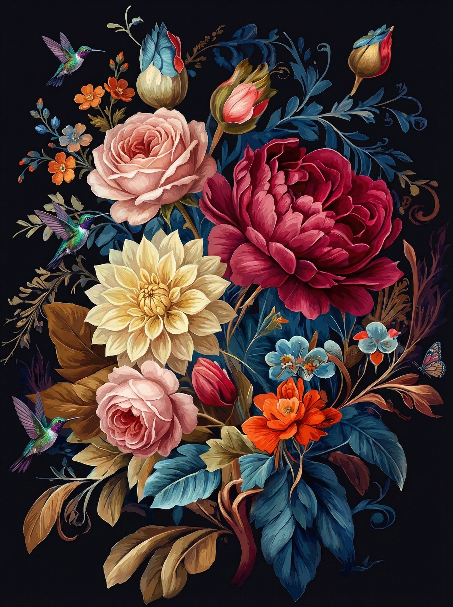 Romantic Floral With Hummingbird (120 Colors)