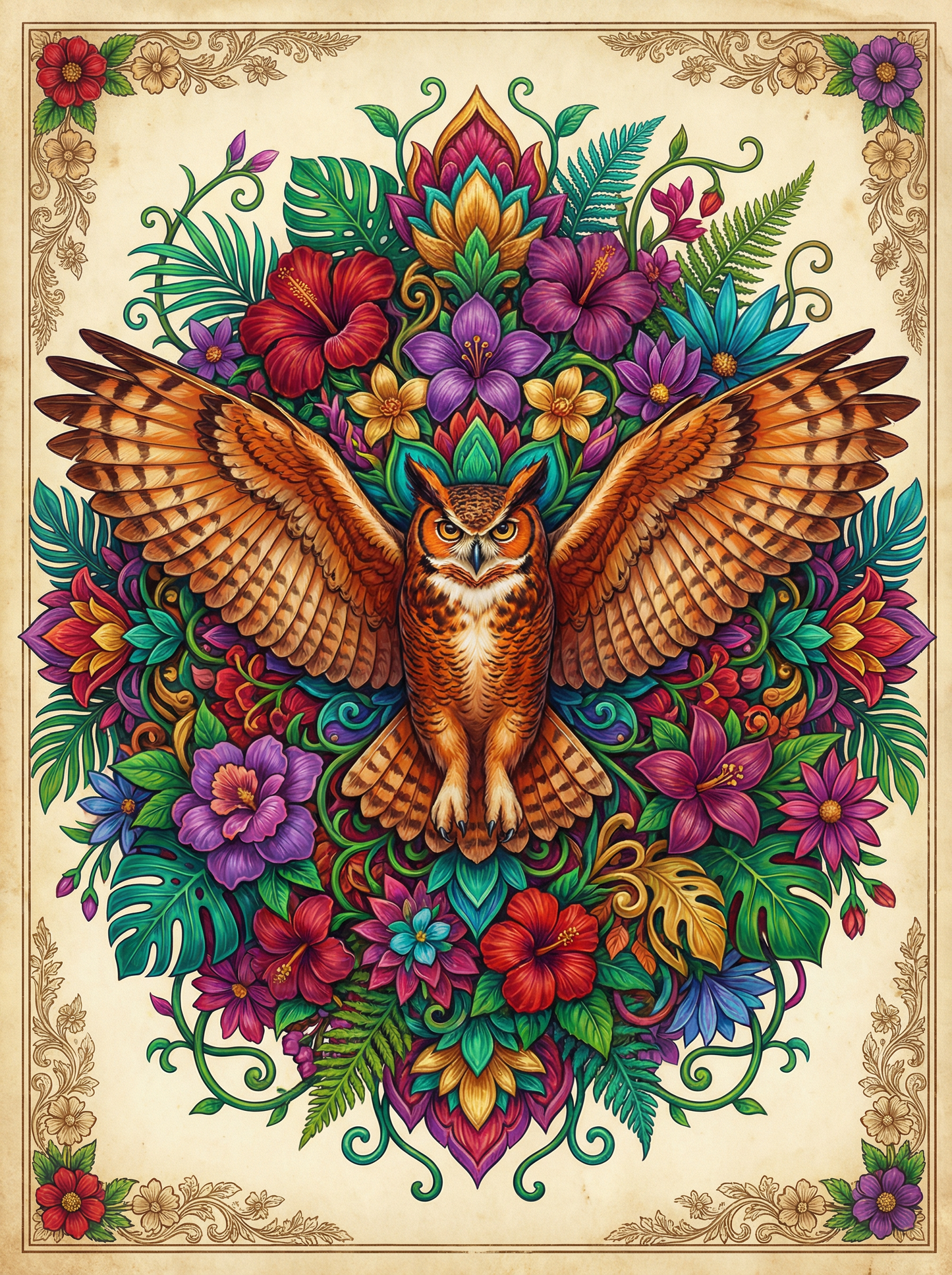 Winged Owl In Blossoms (120 Colors)