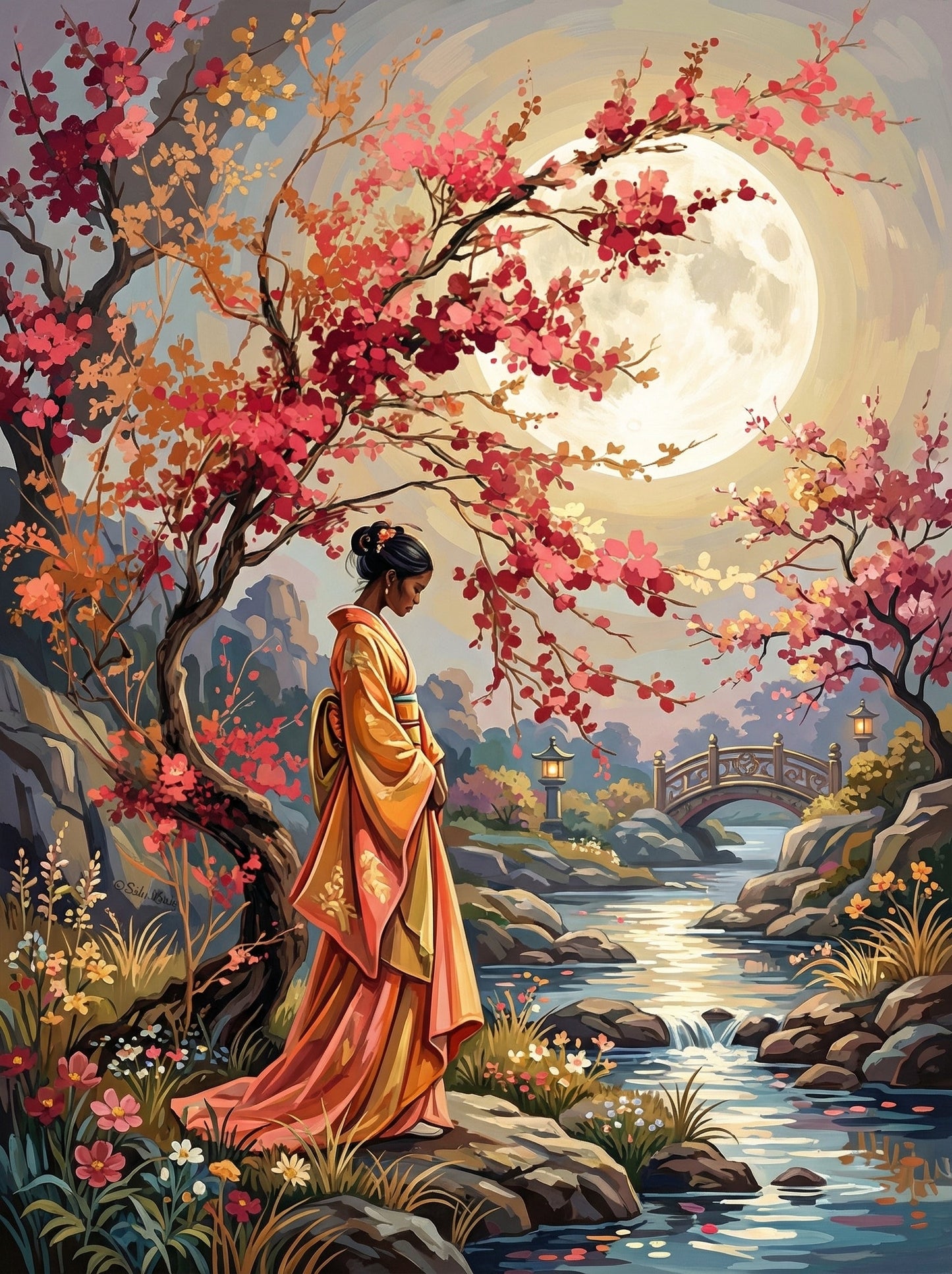 Woman Moonlit Cherry Blossoms (120 Colors)