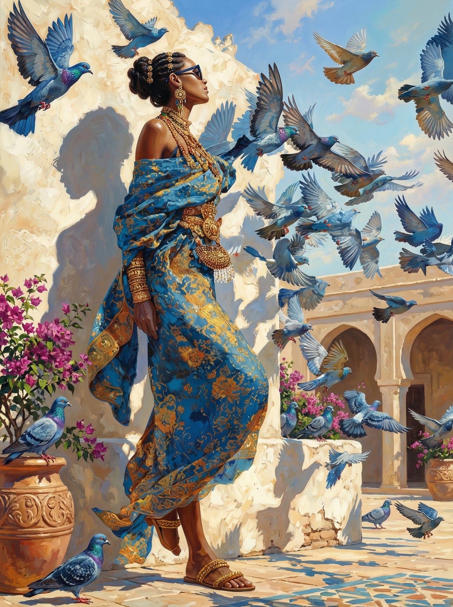 Woman With Flying Blue Birds (80 Colors)