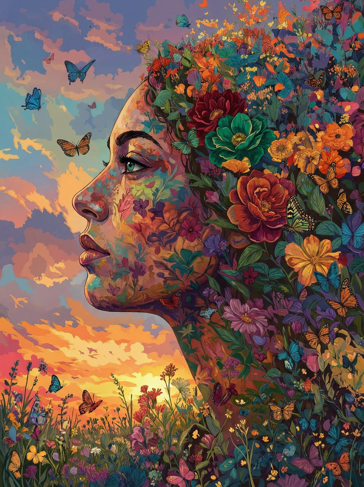 Blooming Flowers Butterflies Woman (80 Colors)