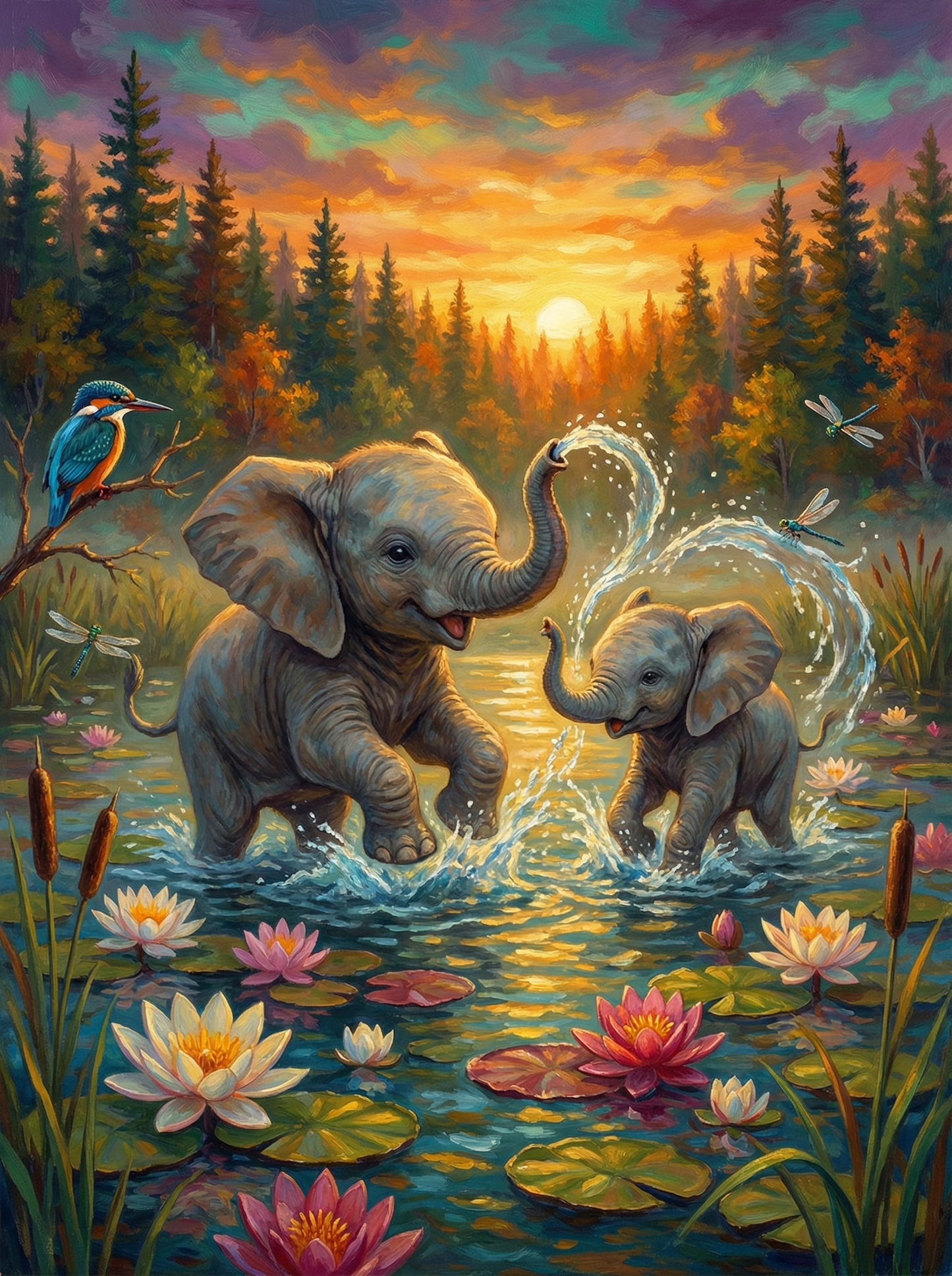 Sunset Pond Baby Elephants (120 Colors)