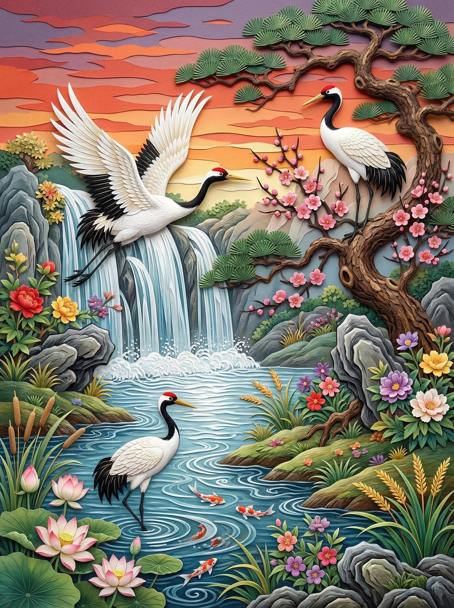 Cranes And Waterfall (80 Colors)