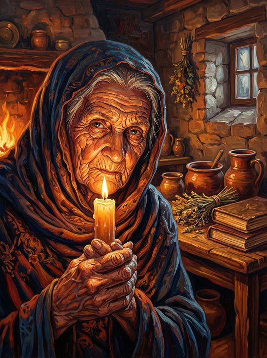 Elderly Woman Cottage Candlelight (120 Colors)