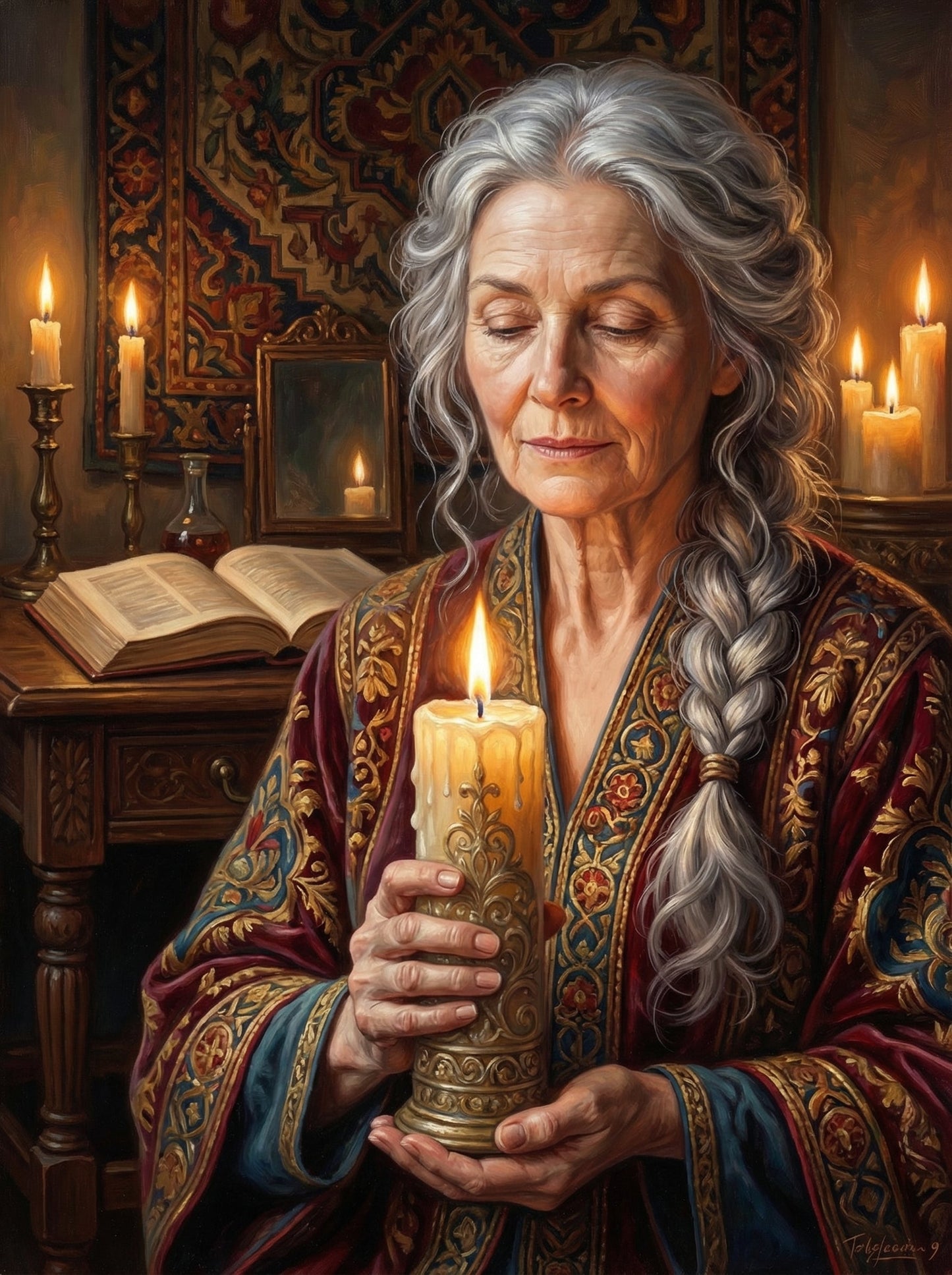 Elderly Woman Ornate Candlelight (80 Colors)