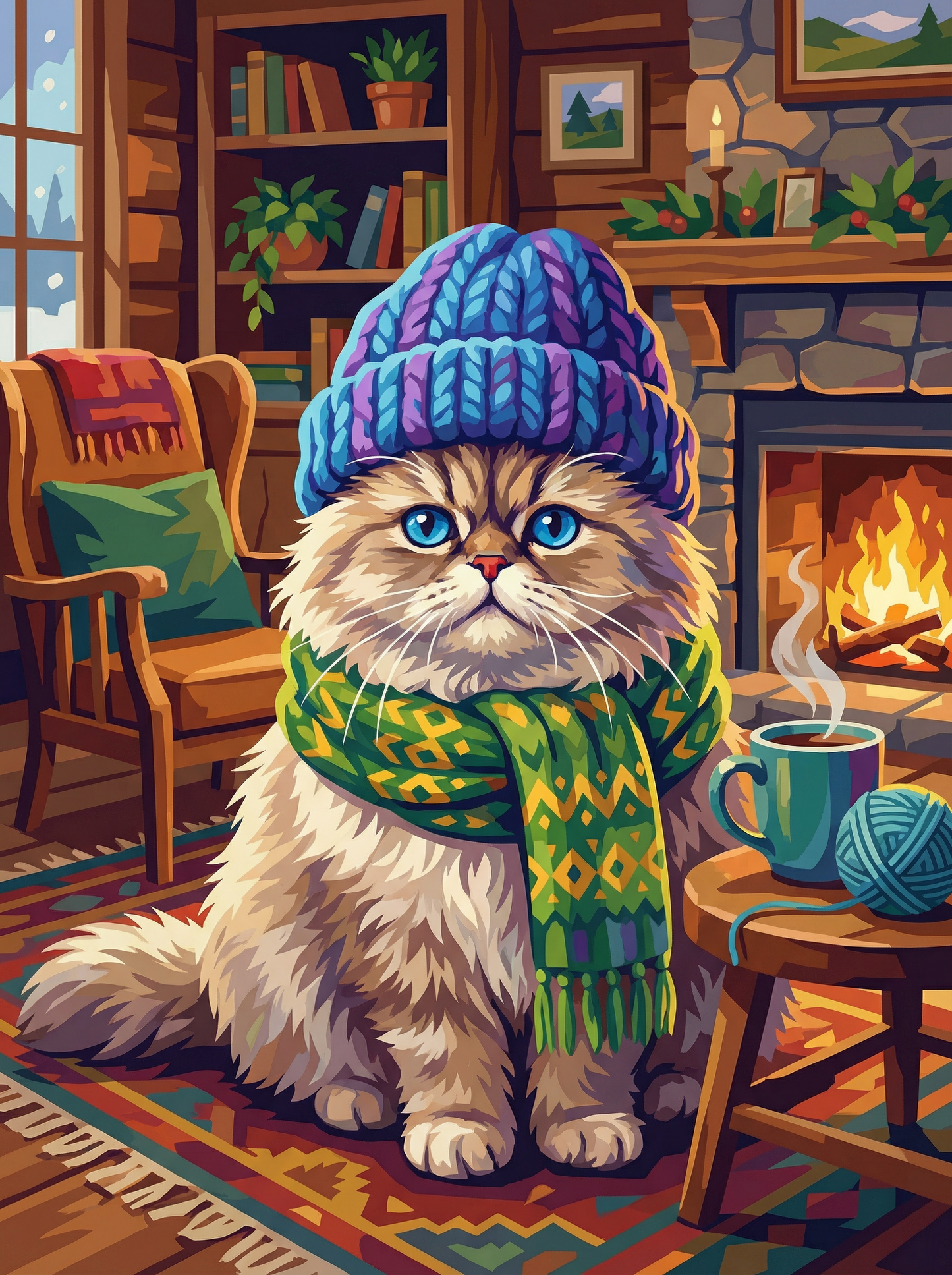 Cozy Winter Cat by the Fire (120 Colors)