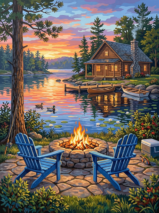 Lakeside Cabin Fireplace Sunset (120 Colors)