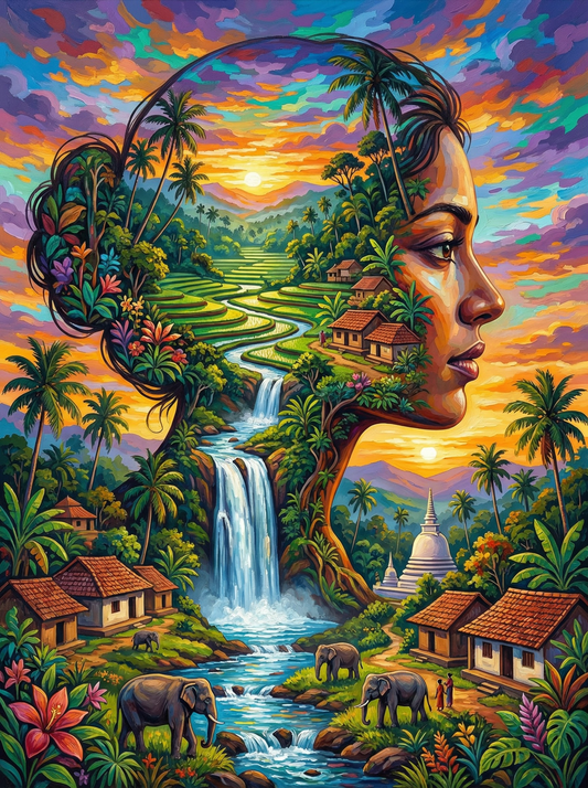 Tropical Village Waterfall Portrait (80 Colors)