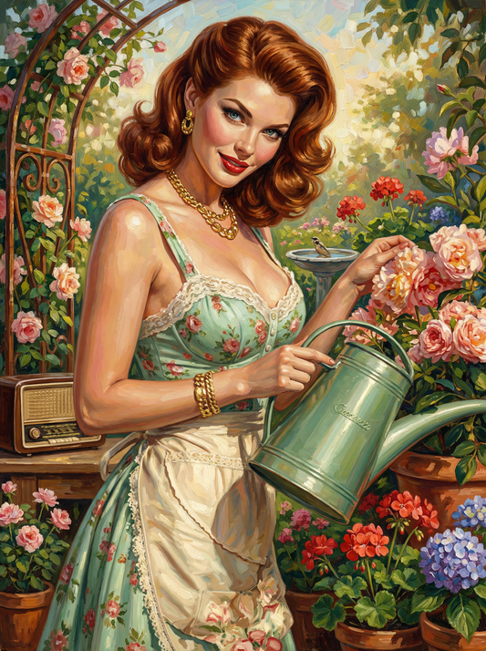 Vintage Woman Watering Garden (120 Colors)