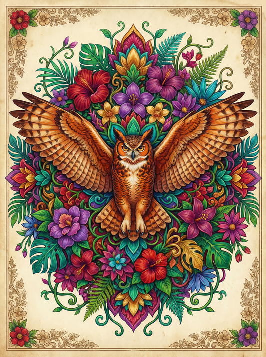 Winged Owl In Blossoms (80 Colors)