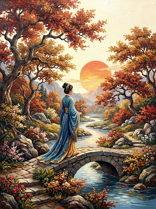 Woman Autumn Bridge Sunset (80 Colors)