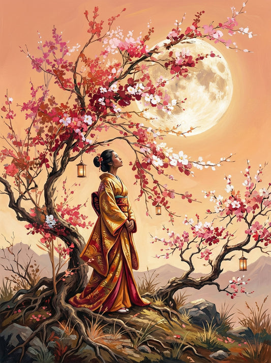 Woman Cherry Blossom Moonrise (80 Colors)