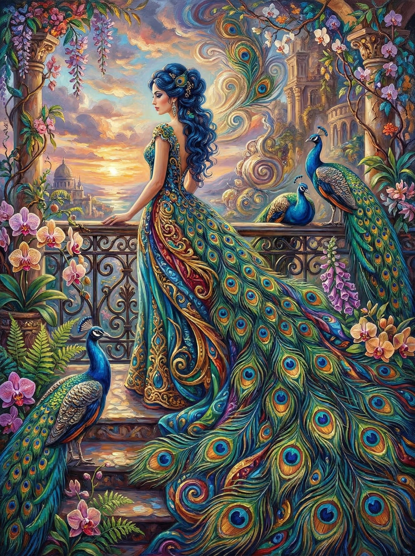 Woman In Peacock Garden (80 Colors)