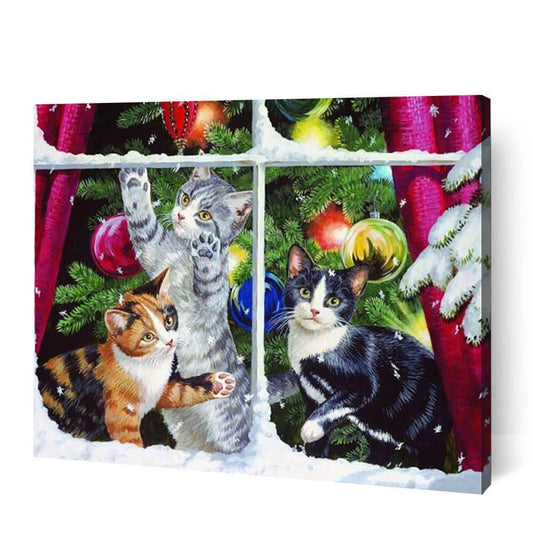 Cats Near the Christmas Tree - Paint By Numbers Cities