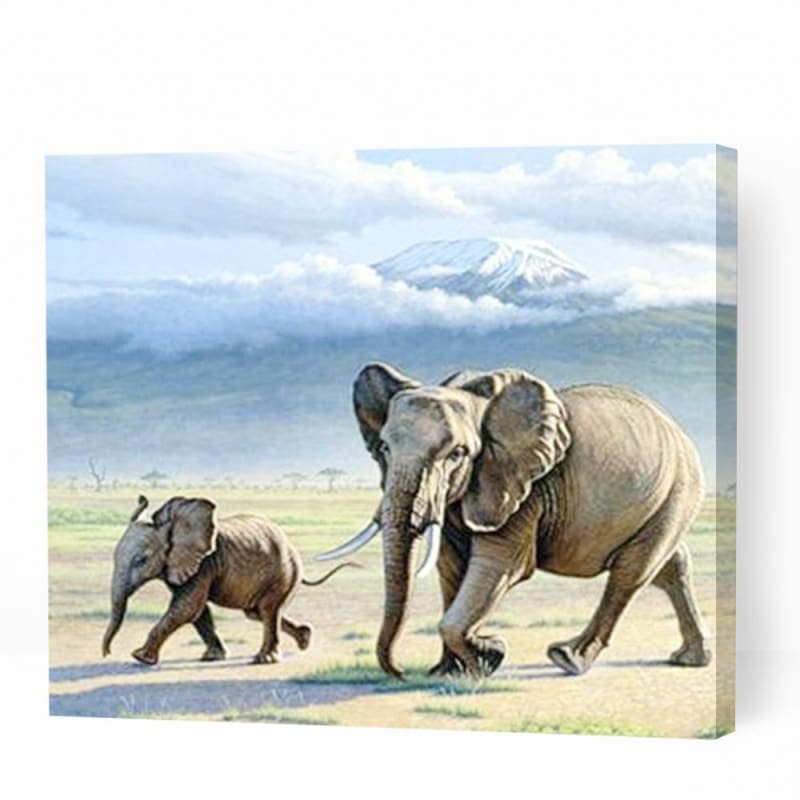 African Elephants with Mount Kilimanjaro - Paint By Numbers Cities