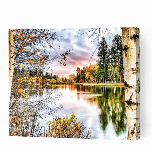 Autumn Lake and Birches - Paint By Numbers Cities