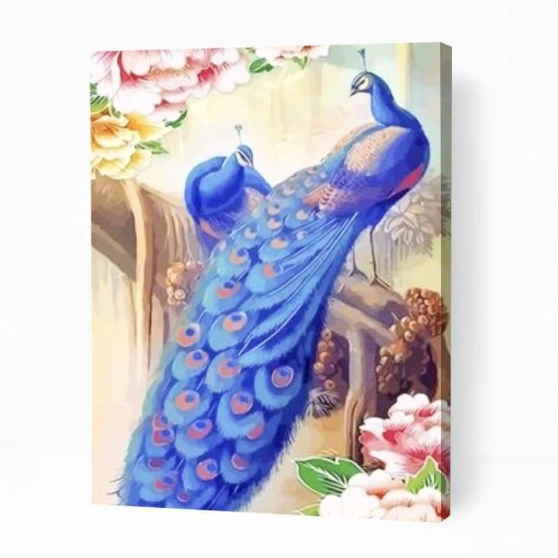Blue Peacocks with Flowers - Paint By Numbers Cities