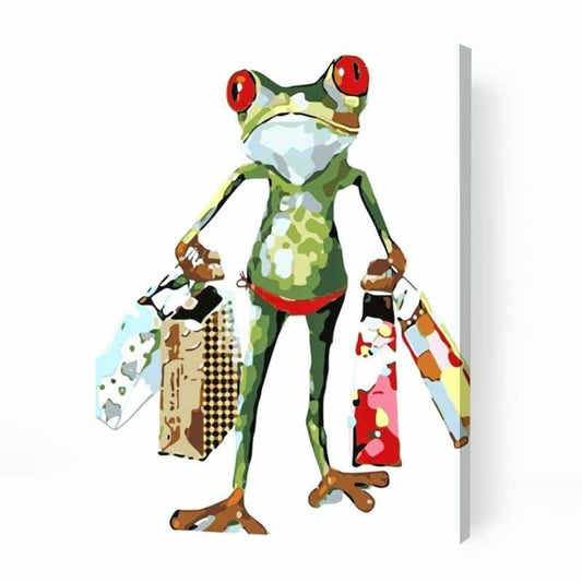 Cartoon Frog Holding Bags - Paint By Numbers Cities