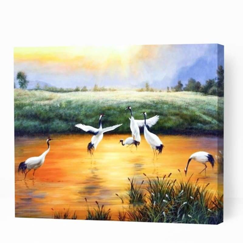 Cranes Enjoying in Lake - Paint By Numbers Cities