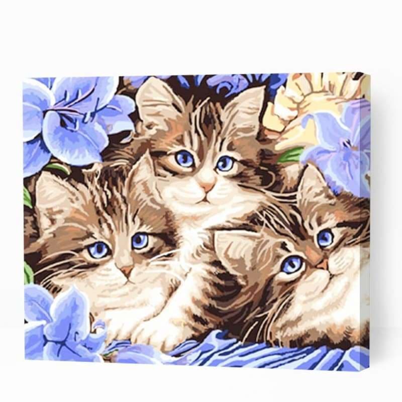 Cute Kittens and Blue Flowers - Paint By Numbers Cities