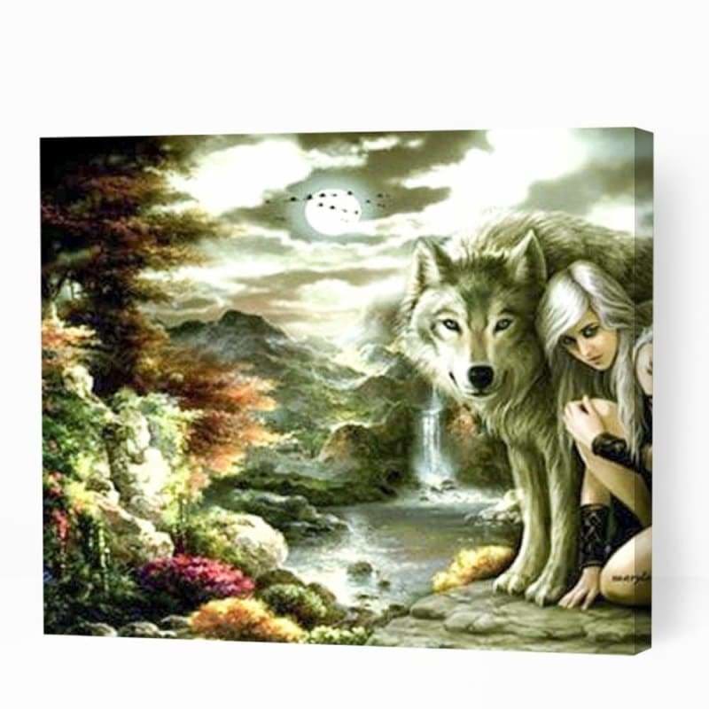Fantasy Girl with Protector Wolf - Paint By Numbers Cities