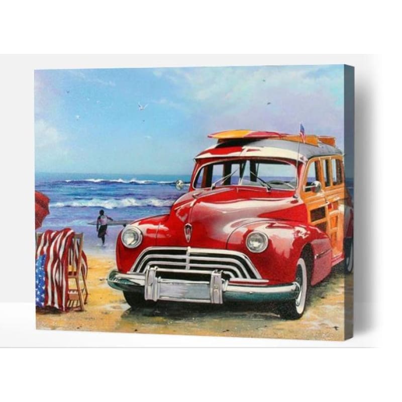 Red Old Fashion Car At The Beach - Paint By Numbers Cities