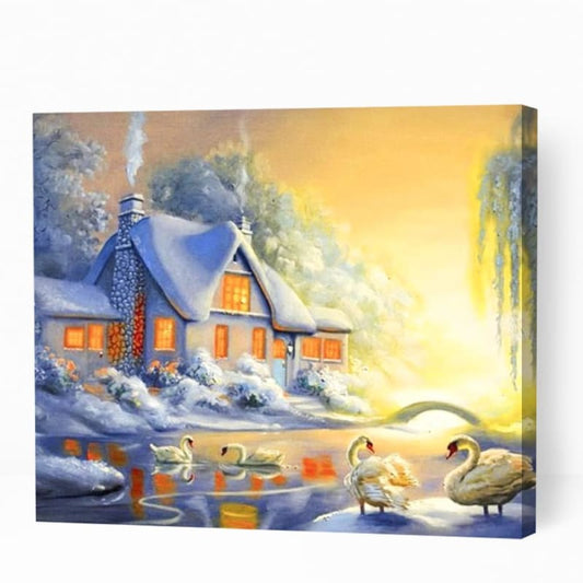 Swans in Snowy Village - Paint By Numbers Cities