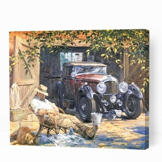 Vintage Car and Relaxing Man - Paint By Numbers Cities